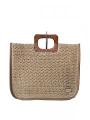 Women Beach Handmade Woven Paper Straw Large Tote Bag with Top Wooden Handle