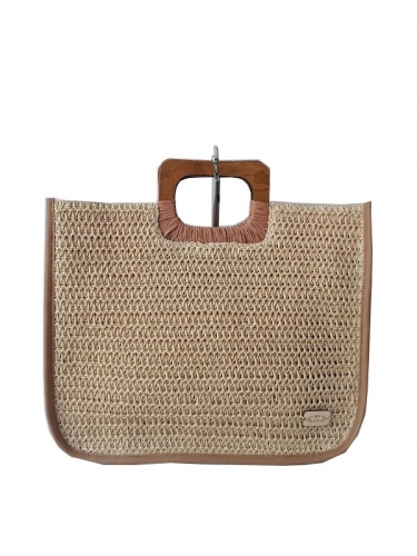 Women Beach Handmade Woven Paper Straw Large Tote Bag with Top Wooden Handle