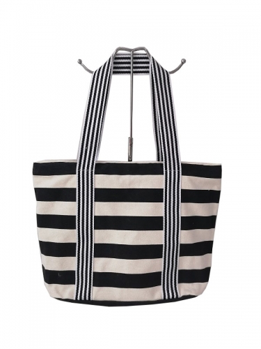 Simple Stripes Large Capacity Ladies Shoulder Handbags Canvas Striped Zipper Tote Bag Women