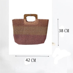 Women Beach Handmade Woven Paper Straw Large Tote Bag with Top Wooden Handle