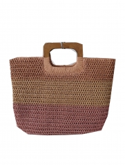 Women Beach Handmade Woven Paper Straw Large Tote Bag with Top Wooden Handle