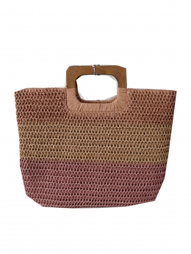 Women Beach Handmade Woven Paper Straw Large Tote Bag with Top Wooden Handle