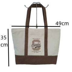 Simple Durable Large Capacity Color Printing Canvas Tote Brown and White Handbag Shopping Bag with Brown Handle