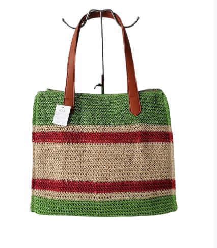 Eco Friendly Women Fashion High Quality Reusable Handbag Summer Vacation Tote Stripe Straw Paper Beach Bag