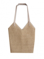 Eco-friendly PU handle paper straw bag with lining , beach tote paper straw bag