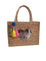 straw beach bag with pom pom, customized design and large space straw bag