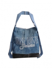 good design and durable using jeans material shopping bag , cotton shopping bag