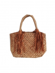 hademade natural straw bag with tassels with lining , customized size high quality beach tote bag