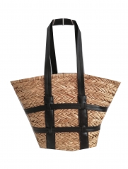 beach natural straw bag with PU handle, summer holiday straw bag