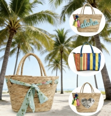 Reusable Hot selling Newly Eco Friendly straw Large Capacity Summer Beach Bag With Pu handle custom made