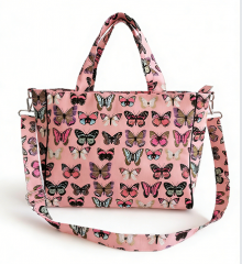 Bestselling Pink Butterfly Print Eco-Friendly Large Capacity Canvas Cotton Tote Bag | Wholesale Hot-Selling Casual Summer Detachable Strap Handbag