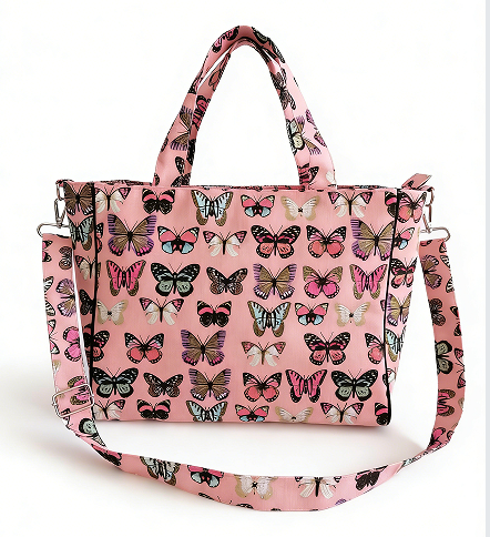 Bestselling Pink Butterfly Print Eco-Friendly Large Capacity Canvas Cotton Tote Bag | Wholesale Hot-Selling Casual Summer Detachable Strap Handbag