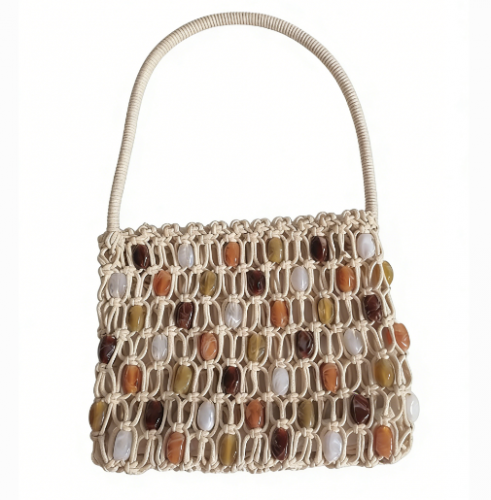 Bohemian Beaded Woven Hobo Bag - Natural Stone Bead Accent for Vacation
