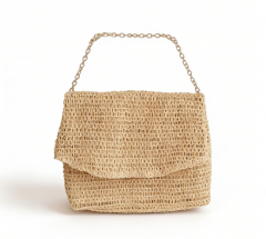 Handcrafted open-weave texture with lightweight metallic chain strap, breathable and stylish, perfect for beach days and casual outings