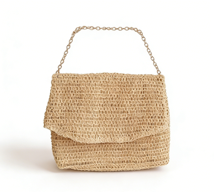 Handcrafted open-weave texture with lightweight metallic chain strap, breathable and stylish, perfect for beach days and casual outings