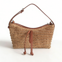 Handwoven Paper Straw Hobo Bag - Leather Trim Zipper Closure for Summer Casual Use