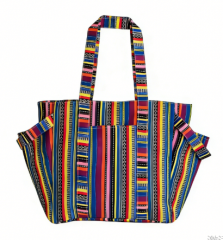Durable thick canvas beach tote bag with colorful striped pattern, lined interior and convenient side pockets
