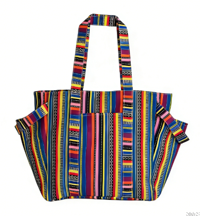 Durable thick canvas beach tote bag with colorful striped pattern, lined interior and convenient side pockets