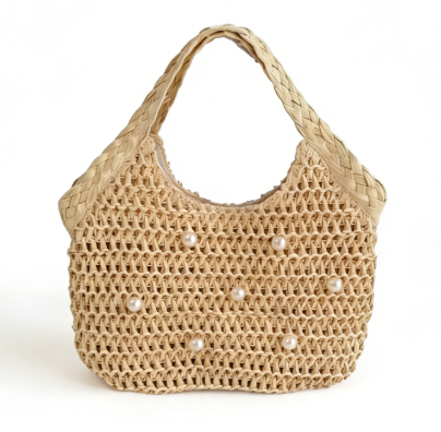 Wholesale Hand Crochet Paper Straw Beach Tote 2025 Pearl Decorated Summer Beach Handbags