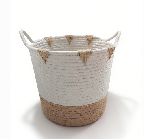 Wholesale Durable Round Two-Tone Cotton Rope Storage Basket with Handles