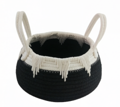Black and White Cotton Rope Storage Basket with Tassel, Hand-Woven Decorative Basket with Handles for Home Organizer