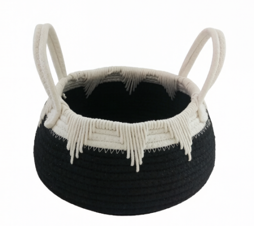 Black and White Cotton Rope Storage Basket with Tassel, Hand-Woven Decorative Basket with Handles for Home Organizer
