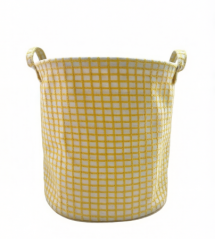 Yellow Checkered Round Laundry Basket with Sturdy Handles