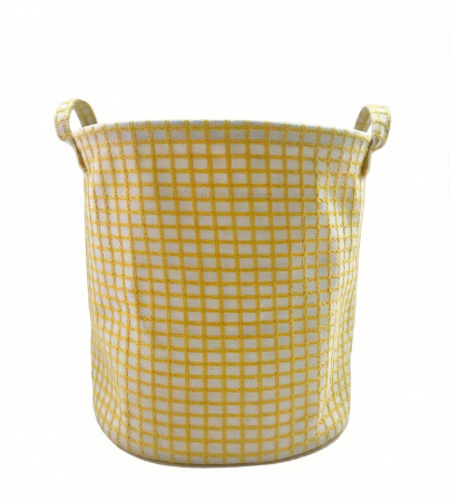 Yellow Checkered Round Laundry Basket with Sturdy Handles