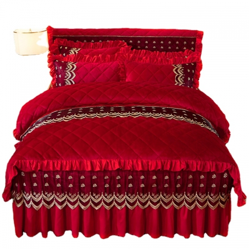 KAERFU Luxury velvet king size lace bed skirt cover set hotel