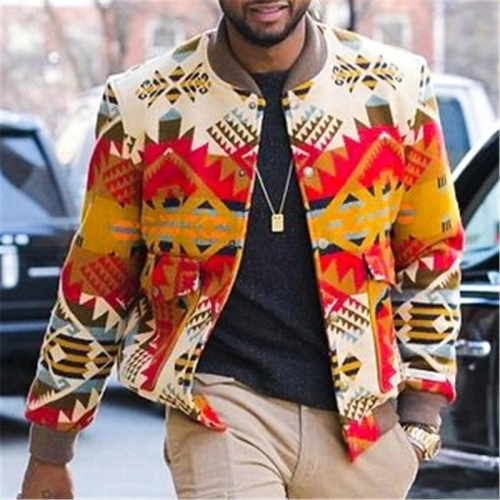Autumn New Mens Printing Stand Collar Slim Thin Jacket Mens Casual Large Aztec Style Coat