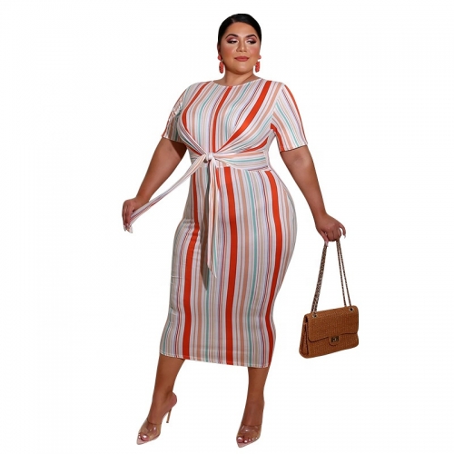 Manufacturers offer new Amazon striped print bandage fashion plus size women's clothing