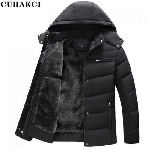 CUHAKCI Gentleman Warm Simple Black Windbreaker Hooded Parka Winter Wear Thicken Fleece Aged Old Man Jacket Cotton Overcoat