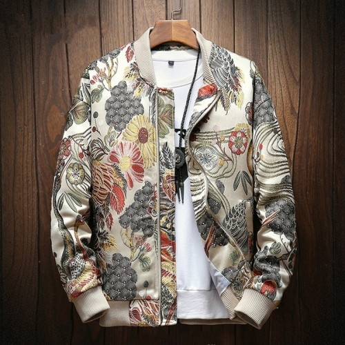National Style Floral & Crane Chinese Style Embroidery Jacket Stand Collar Long Sleeve Bomber Jacket Men's Clothing