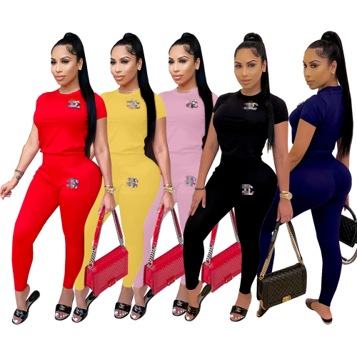 CC Solid Color Sweat Pants Short Sleeve Tops T Shirt Jogger Tracksuits 2 Two Piece Pants Set Summer Spring  Clothing Women