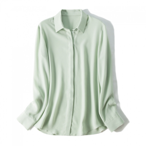 牛油果绿双绉真丝衬衫女长袖桑蚕丝气质纯色时尚洋气上衣秋季新款