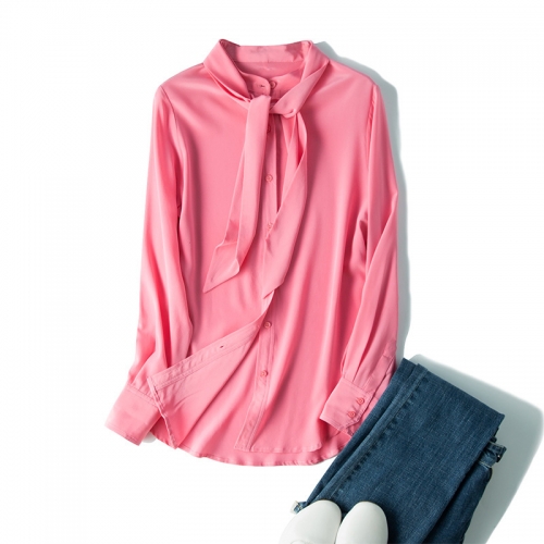 19姆米重磅飘带立领粉色真丝衬衫长袖桑蚕丝洋气上衣春季2020新款