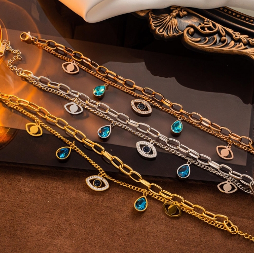 Fashion stainless steel chain copper pendant 18K gold plated bracelet Devil eye bracelet