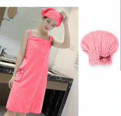 Pink bath towel+shower cap