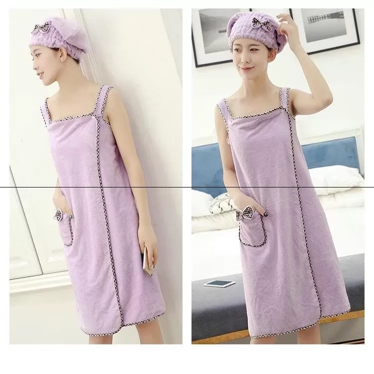 Purple bath towel+shower cap