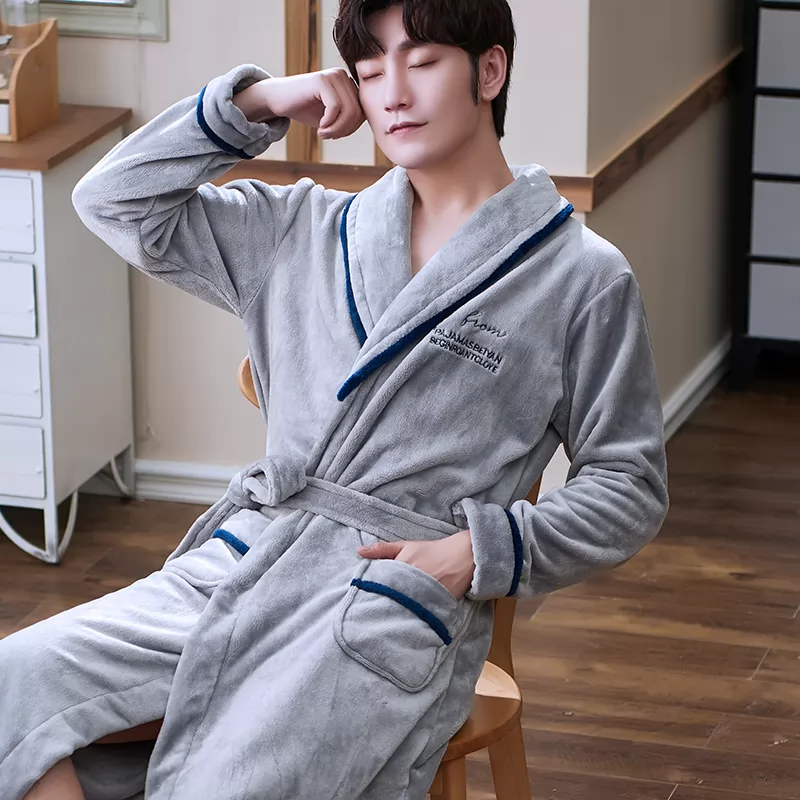 Men's thickened coral velvet Nightgown long pajamas flannel bathrobe