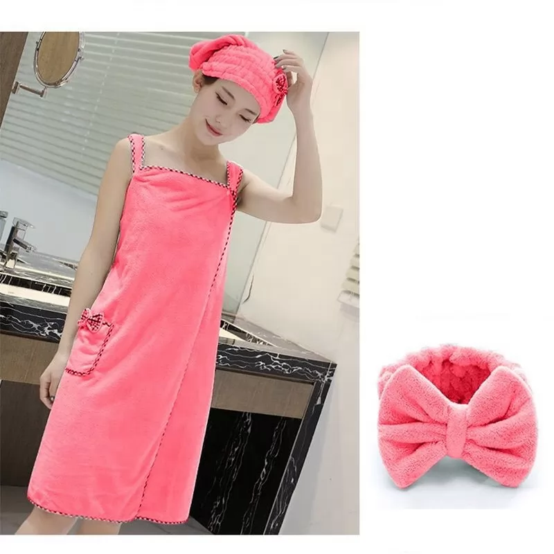 Pink bath towel+hair band