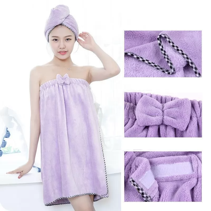 Purple bath towel+dry hair cap+hair band (80*135cm)