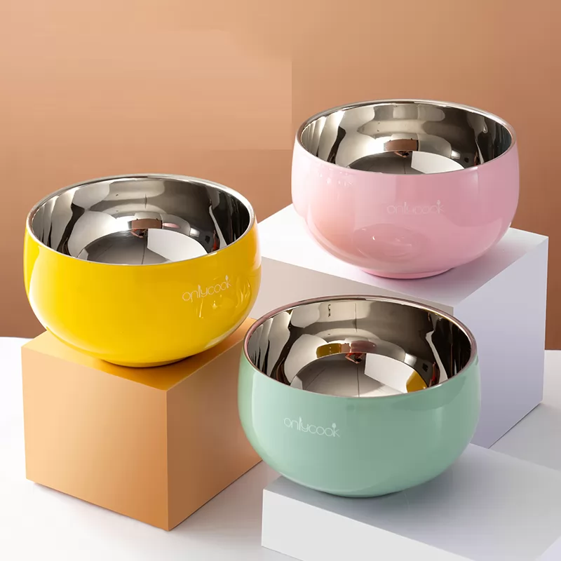 Antibacterial stainless steel bowl creative silicone anti slip bottom color double layer children's anti scalding bowl