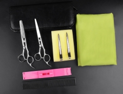 Silver tooth scissors + flat scissors + leather bag + cloth clip