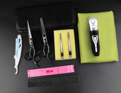 Black tooth scissors + flat scissors + leather bag + cloth clip + steel knife + electric scissors