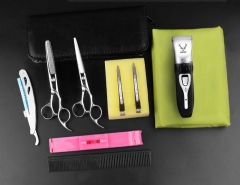 Silver tooth scissors + flat scissors + leather bag + cloth clip + steel knife + electric push knife