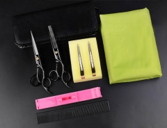 Black tooth scissors + plain scissors + leather bag + cloth clip