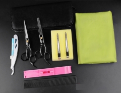 Black tooth scissors + flat scissors + leather bag + cloth clip + steel knife