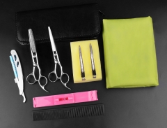 Silver tooth scissors + flat scissors + leather bag + cloth clip + steel knife