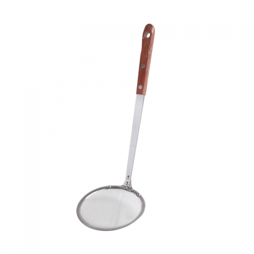 Stainless steel potato masher with wooden handle, masher/skimmer, defoamer and colander